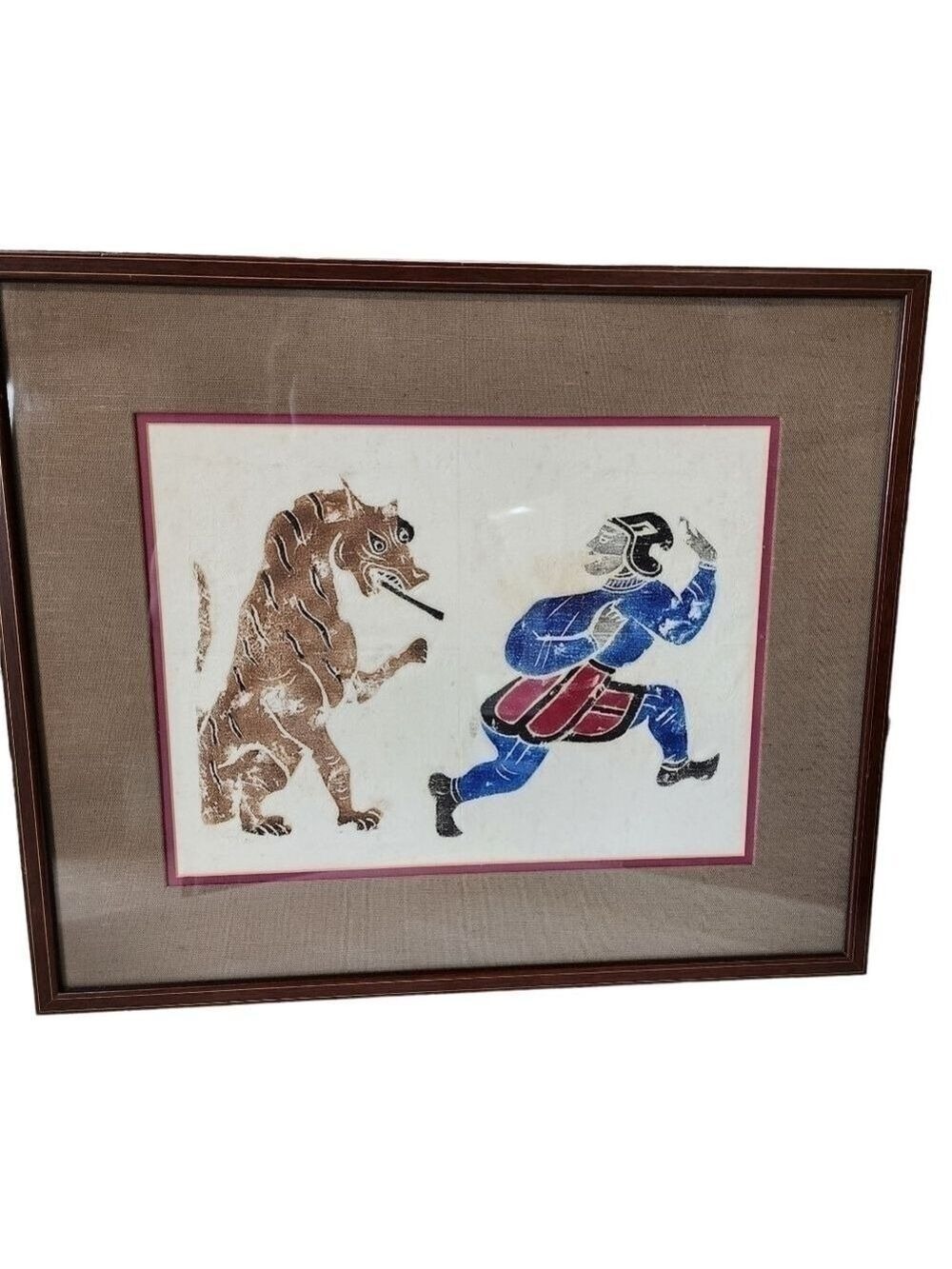 Chinese Temple stone rubbing Framed Art Lion chasing man